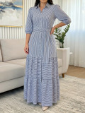 Women's Casual Elegant Slim Waist Button Belt Striped Shirt Dress
