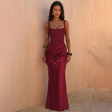 Women Autumn Solid Square Neck Patchwork Strappy Maxi Dress