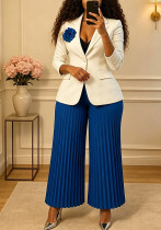 Women's Winter Plus Size Slim Waist White Blazer Pleated Wide Leg Pants Two Piece Set