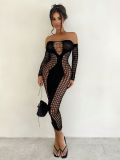 Women Off Shoulder Long-sleeve Fishnet Hollow-out Sexy Bodycon Dress
