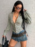 Women's Plaid Deep V Neck Slim Waist Slim Fit Button Front Long Sleeve Blouse