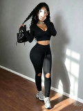 Women's Hooded V Neck Cropped Solid Color Tight Fitting Hoodie Top Tight Fitting Ripped Yoga Pants Two Piece Set