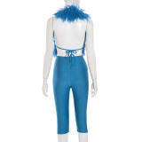 Women Sexy Fuzzy Halter Neck Lace-Up Top and Capri Pants Two-piece Set