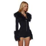 Women Autumn/Winter Solid Casual Furry Zip Patchwork Long-sleeve Jumpsuit