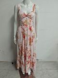 Women's Sexy Printed Strap Dress Low Neck Slim Waist Low Back Ruched Maxi Dress