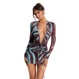Women's Fall Winter Deep V Neck Print Long Sleeve Drawstring Lace Up Slim Fit Dress