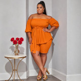 Women's Plus Size Off Shoulder Belt Slim Waist Slim Fit Top Stretch Bodycon Shorts Two Piece Set