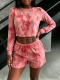 Women Autumn/Winter Contrast Round Neck Casual Top and Pocket Shorts Two-piece Set