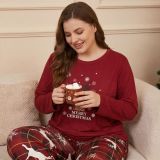 Women's Plus Size Christmas Pajama Set Spring Fall Cartoon Reindeer Print Holiday Loungewear Two Piece Set