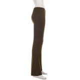 Women Brown Long-sleeve Casual Hoodie and Bell Bottom Pants Two-piece Set
