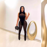 Women Sexy Thick-striped Mesh See-Through Sleeveless Round Neck Jumpsuit