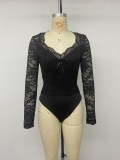 Women Autumn/Winter Sexy Black V Neck Patchwork Lace Long-sleeve Bodysuit