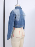 Women Beaded Denim Gradient Washed Turndown Collar Long-sleeve Crop Jacket