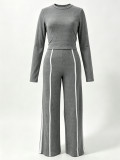 Women Autumn/Winter Solid Long-sleeve Top + Patchwork Wide-leg Pants Two-piece Set