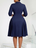 Women's Plus Size Career Dress Turndown Collar Three Quarter Sleeves Pleated African Style Double Breasted Professional Midi Dress