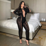 Women's Sexy Thin See Through Black Mesh Patchwork Nightclub Slim Fit Bodycon Long Sleeve Dress