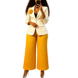 Women's Winter Plus Size Slim Waist White Blazer Pleated Wide Leg Pants Two Piece Set