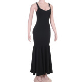 Women Sexy Beaded V Neck Fishtail Maxi Strap Dress