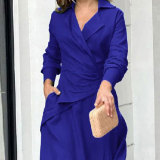 Women Autumn Solid V Neck Slit Dress