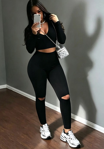 Women's Hooded V Neck Cropped Solid Color Tight Fitting Hoodie Top Tight Fitting Ripped Yoga Pants Two Piece Set