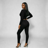 Women Solid V Neck Ruched Long-sleeve Top and Long Pants Two-piece Set