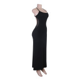 Women Sexy Side Mesh See-Through Strap Bodycon Maxi Dress