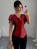 Women's Summer Solid Color Satin Cowl Neck Ruched Asymmetric Short Sleeve Top