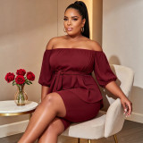 Women's Plus Size Off Shoulder Belt Slim Waist Slim Fit Top Stretch Bodycon Shorts Two Piece Set