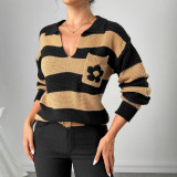 Women Autumn Winter Striped Pocket Floral Lantern Sleeve Sweater