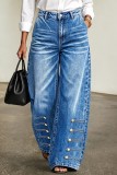Women Washed Casual Button Wide Leg Denim Pants