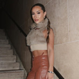 Women Autumn Winter Sleeveless Furry Zipper Metallic PU Leather Crop Top