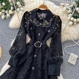 Women French Elegant Lace Long Sleeve Turndown Collar Lace Up Autumn Dress