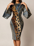 Women Leopard Print Bell Sleeve Maxi Formal Party Bodycon Dress