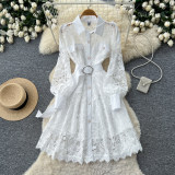 Women French Elegant Lace Long Sleeve Turndown Collar Lace Up Autumn Dress