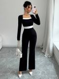 Women Spring Autumn Elegant Patchwork Long Sleeve Square Neck Jumpsuit