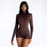 Women Autumn Winter Turtleneck Leopard Print Long Sleeve Romper