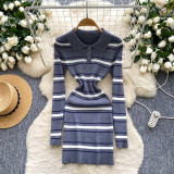 Women Autumn French Contrast Striped Turndown Collar Long Sleeve Sweater Dress