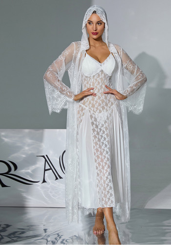 Women Lace Built-in Bra Slip Dress Bell Sleeve Robe Two Piece Set