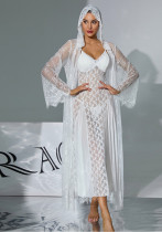 Women Lace Built-in Bra Slip Dress Bell Sleeve Robe Two Piece Set Women Lace Built-in Bra Slip Dress Bell Sleeve Robe Two Piece Set