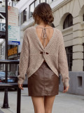 Women Autumn Sexy V Neck Backless Lace Up Cross Knit Bow Patchwork Sweater