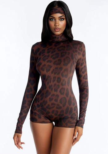 Women Autumn Winter Turtleneck Leopard Print Long Sleeve Romper