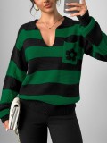 Women Autumn Winter Striped Pocket Floral Lantern Sleeve Sweater