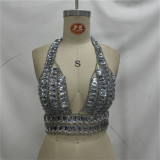 Women Metal Chain Inlaid Rectangular Rhinestone Sexy Backless Top Vest