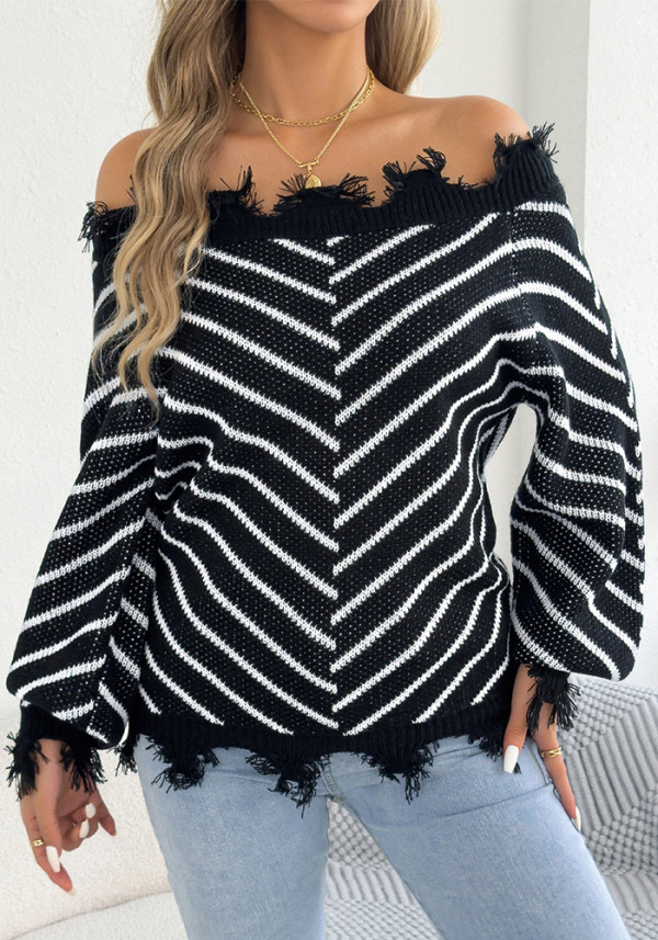 Women Autumn Winter Casual Off Shoulder Lantern Sleeve Striped Sweater