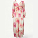 Women Beach Holidays Chiffon Print V Neck Knot Lantern Long Sleeve Dress