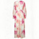 Women Beach Holidays Chiffon Print V Neck Knot Lantern Long Sleeve Dress