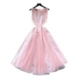 Women French Sleeveless Round Neck Summer Pink Dress