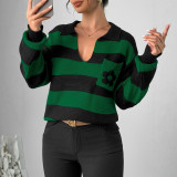 Women Autumn Winter Striped Pocket Floral Lantern Sleeve Sweater