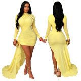 Women Sexy Solid Turtleneck Long Sleeve Ruched Dress
