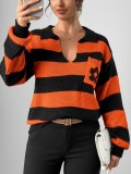 Women Autumn Winter Striped Pocket Floral Lantern Sleeve Sweater